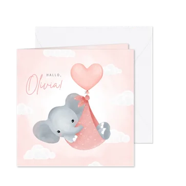Glückwunschkarte Geburt rosa Elefant mit Luftballon